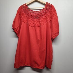 Lane Bryant Blouse Top Women Size 26/28 Red Short Sleeve Embroidered Casual
